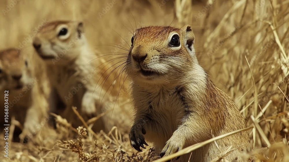 90.A close-up view of an African ground squirrel burrowing through the dry grass, its small, nimble paws busy in the golden blades. The arid landscape of Southern Africa stretches out behind it, with 90.A close-up view of an African ground squirrel burrowing through the dry grass, its small, nimble paws busy in the golden blades. The arid landscape of Southern Africa stretches out behind it, with