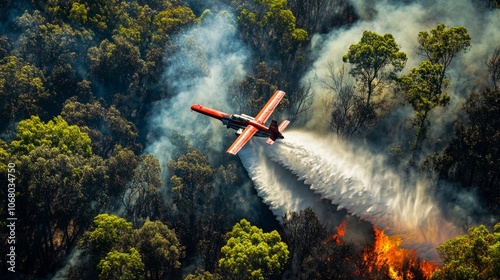 48.Aerial view of a plane dumping water on a forest fire, with smoke billowing from the trees. The water cascades down from the plane in a wide spray, dousing the flames as thick smoke rises into the