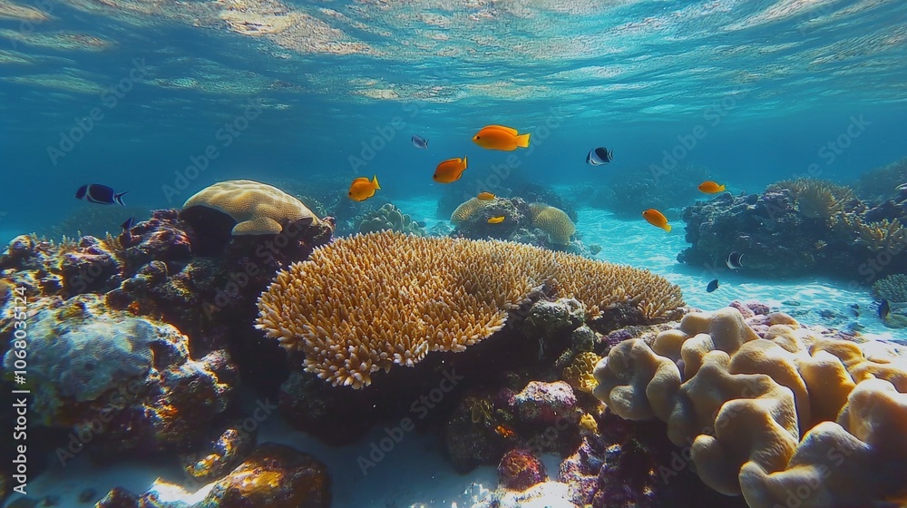 Fototapeta premium 72.A stunning underwater view in the Maldives, showcasing a vivid coral reef with tropical fish swimming gracefully around it. The coral is alive with color, and the clear blue water allows for an