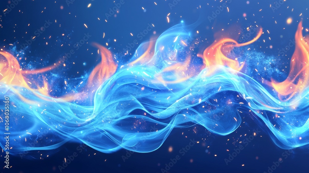 45.A striking horizontal wave of blue flames flickers across a vivid blue background, with realistic sparks flying in all directions. The flames have a fluid, almost liquid-like quality, while the 45.A striking horizontal wave of blue flames flickers across a vivid blue background, with realistic sparks flying in all directions. The flames have a fluid, almost liquid-like quality, while the