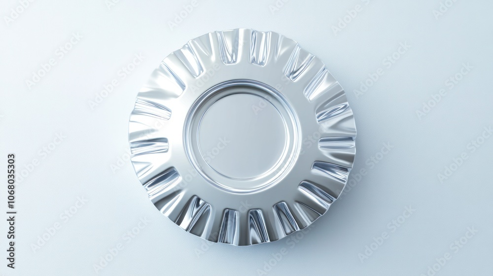 Top view of a polished silver gear icon, rendered in 3D and isolated on a minimalistic white background. Top view of a polished silver gear icon, rendered in 3D and isolated on a minimalistic white background.
