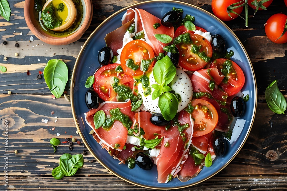Salad with prosciutto, mozzarella cheese, tomatoes, olives and basil Salad with prosciutto, mozzarella cheese, tomatoes, olives and basil