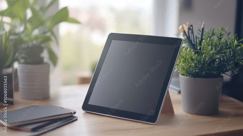 Sleek tablet design on minimalist workspace, showcasing modern technology in a professional setting Sleek tablet design on minimalist workspace, showcasing modern technology in a professional setting
