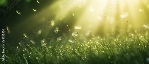 Dandelion seeds gently blowing in the wind across a green grass meadow, with sunlight streaming through, evoking a serene spring or summer atmosphere. 