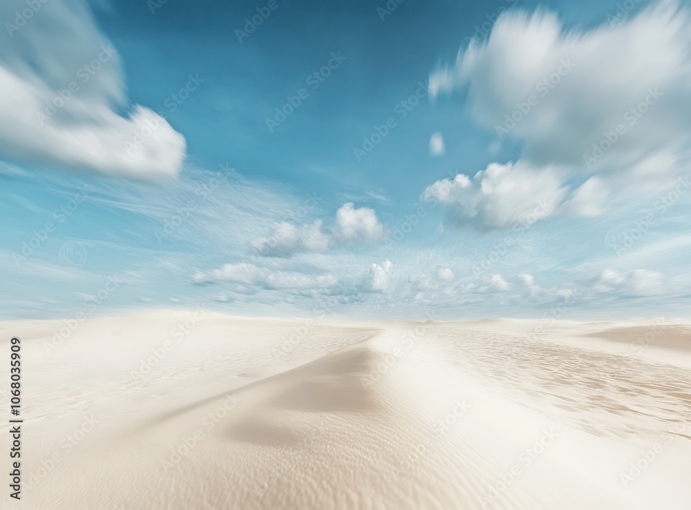Expansive white sand dunes stretch under a bright blue sky with fluffy white clouds. Expansive white sand dunes stretch under a bright blue sky with fluffy white clouds.
