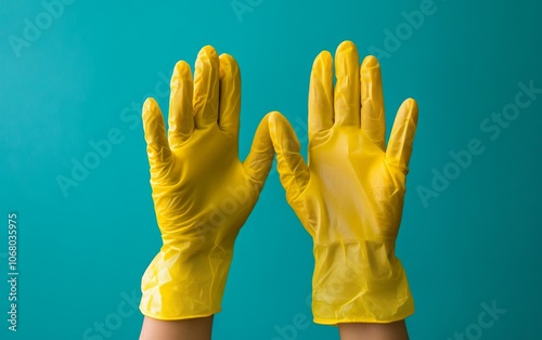 Two hand, hands wearing yellow rubber glove, gloves against a teal background, suggesting cleanliness and protection.