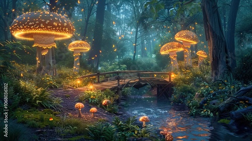 A magical forest with glowing mushrooms and a wooden bridge over a river stream