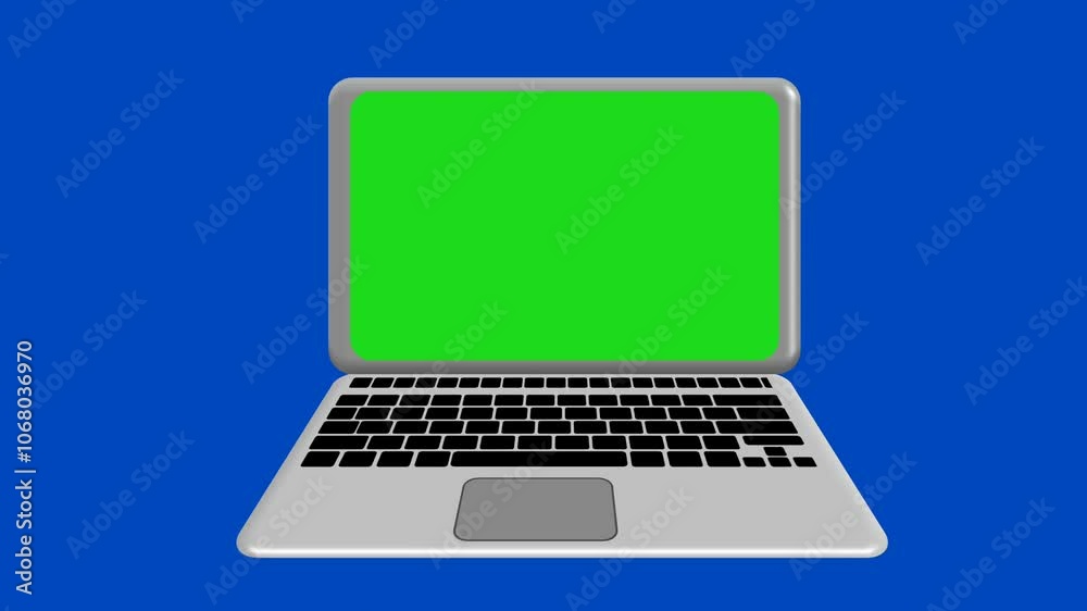 Laptop animation with green display isolated on blue background Laptop animation with green display isolated on blue background