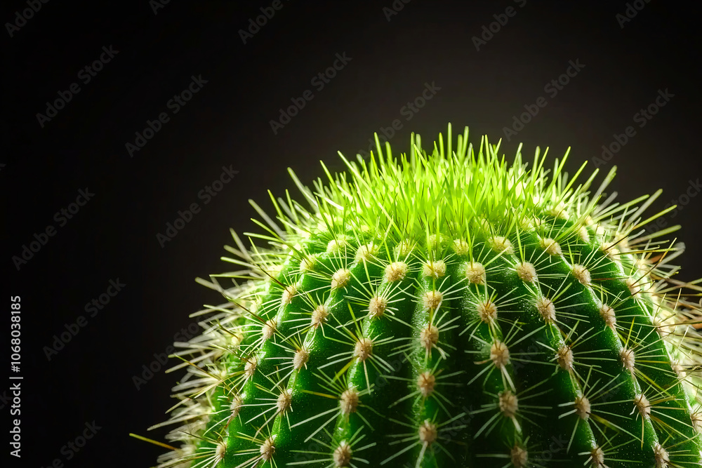 Close up of cactus spines illuminated by morning light, highlighting the rich green hues and subtle shadow contrasts Close up of cactus spines illuminated by morning light, highlighting the rich green hues and subtle shadow contrasts