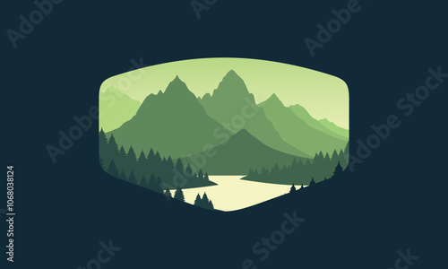 Landscape badge flat vector design illustration of mountains, calm river and silhouettes of pine trees, soft green gradations layered