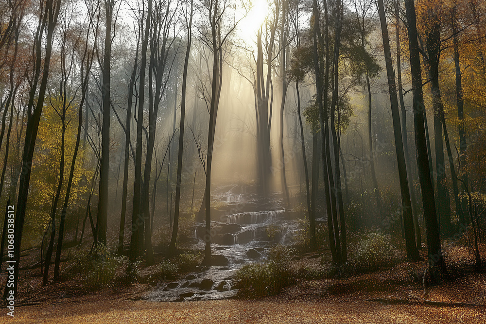 Obraz premium 8k highest resolution. sunrise in a dense forest, fall forest, woods with fog, woods and river, capturing the golden light filtering through the trees. Sunlight though trees