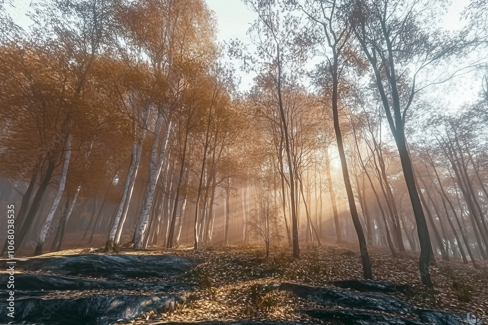 Naklejka premium 8k highest resolution. photo-like style. sunrise, capturing the golden light filtering through the trees. 8k high resolution