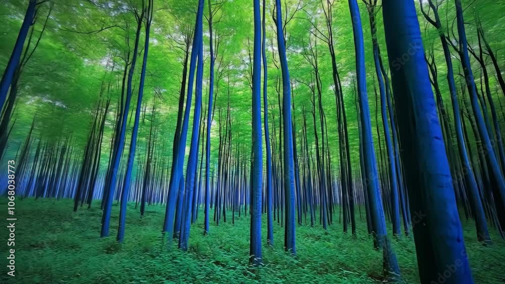 A vibrant blue beech forest in Romania, where the trees are naturally dyed a bright blue A vibrant blue beech forest in Romania, where the trees are naturally dyed a bright blue