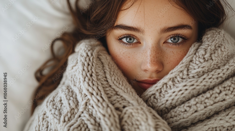 Cozy Winter Portrait Freckles Knitwear Girl Soft Focus Warmth Closeup Cozy Winter Portrait Freckles Knitwear Girl Soft Focus Warmth Closeup