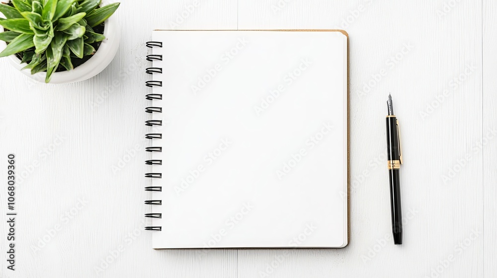 A flat lay of a blank notebook, a stylish pen, and a small potted plant on a white background, perfect for creative planning and inspiration. A flat lay of a blank notebook, a stylish pen, and a small potted plant on a white background, perfect for creative planning and inspiration.