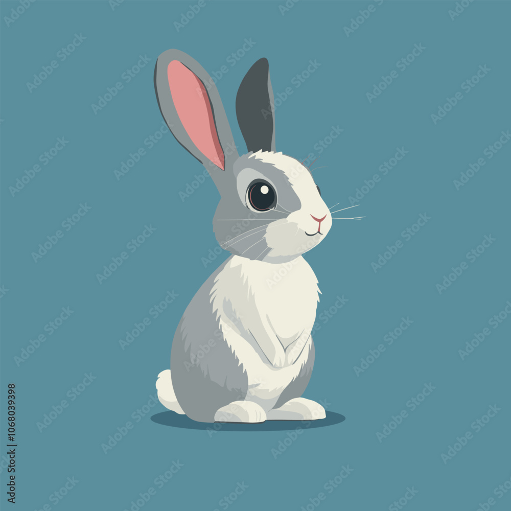 Fototapeta premium Cute Grey Rabbit with Big Ears on Teal Background