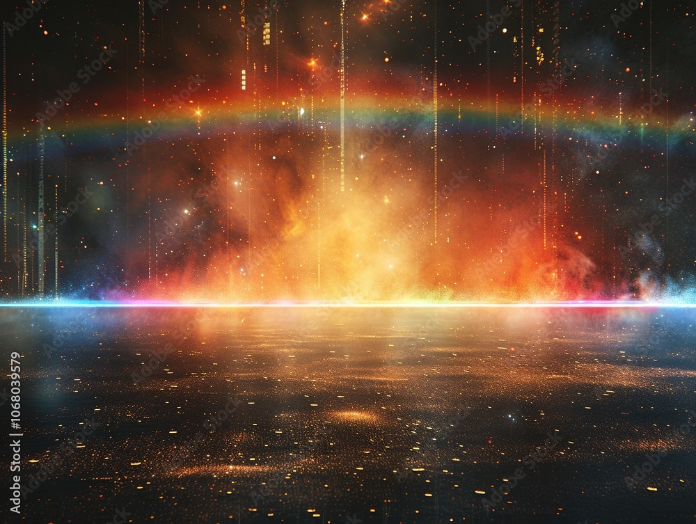Fototapeta premium A vibrant cosmic landscape featuring a rainbow and colorful mist against a starry backdrop.