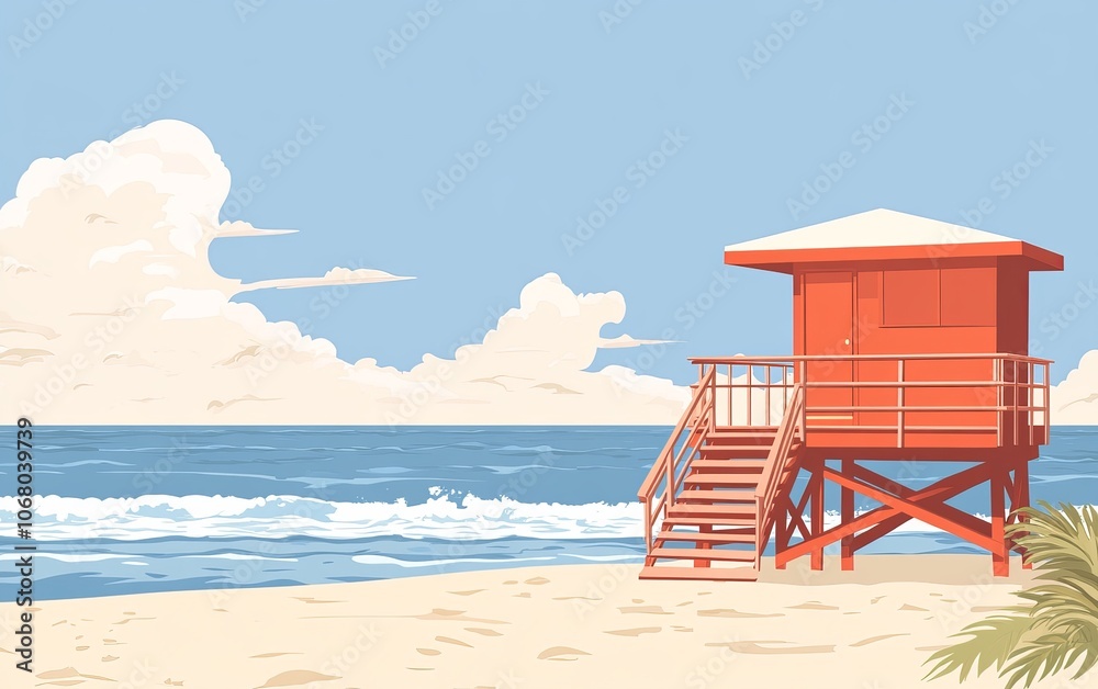 A serene beach scene featuring a lifeguard tower by the ocean under a clear sky. A serene beach scene featuring a lifeguard tower by the ocean under a clear sky.