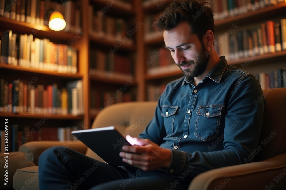 Cozy Evening in a Library with a Tablet User Cozy Evening in a Library with a Tablet User