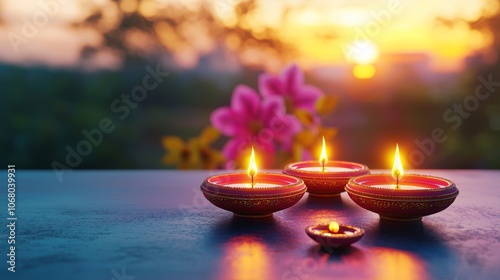 A serene sunset scene featuring three glowing candles, enhancing the tranquil atmosphere amidst colorful blossoms.