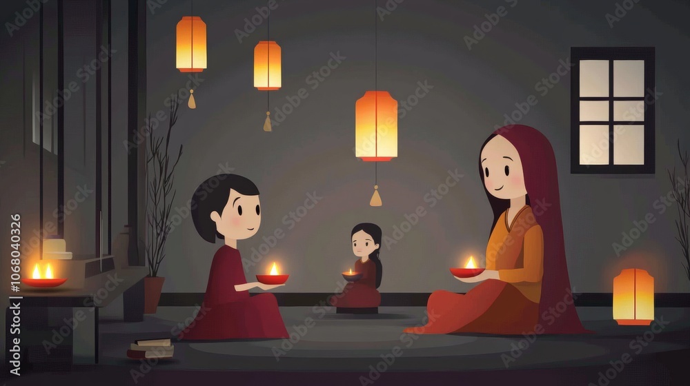 A serene, animated scene depicting two women and a child, seated indoors, holding lit candles amid soft lantern light.