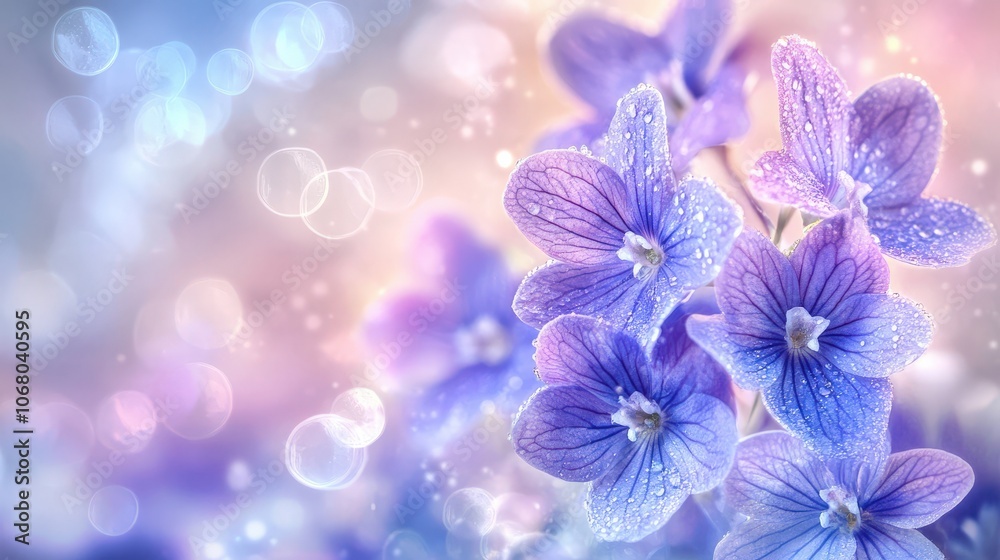 Delicate purple flowers with dew drops on a soft pink and blue bokeh background. Delicate purple flowers with dew drops on a soft pink and blue bokeh background.