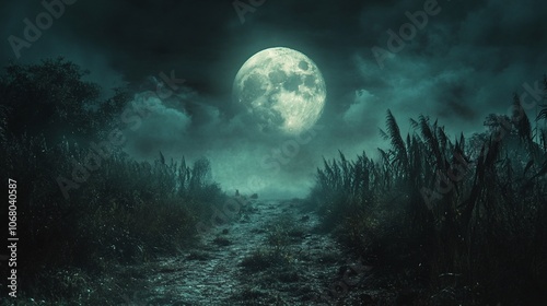 A full moon hangs over a misty path through the forest.