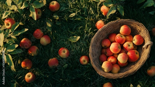 Top view of lush green grass scattered with ripe red apples and a wicker basket, set against the backdrop of an apple orchard under the warm sunlight of a clear day.
