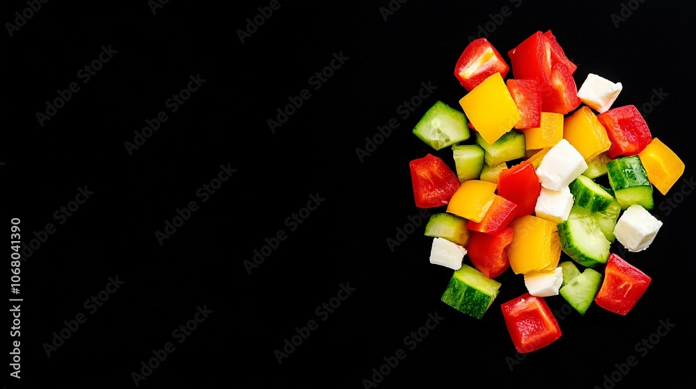 Close-Up of Diced Red, Yellow, and Green Peppers, Cucumber Slices, and White Cheese Cubes on Black Background Close-Up of Diced Red, Yellow, and Green Peppers, Cucumber Slices, and White Cheese Cubes on Black Background