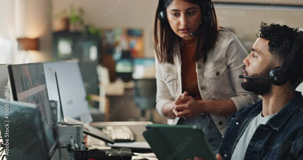 Telemarketing, coaching and business people with call center, tablet and help desk. Headphones, employees or consulting agency with customer support, friendly service or talking with mentor in office