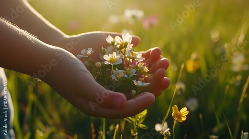 Close-up of a child's hands holding a handful of white wildflowers in a meadow. The sun shines through the grass and flowers, creating a warm and inviting atmosphere.