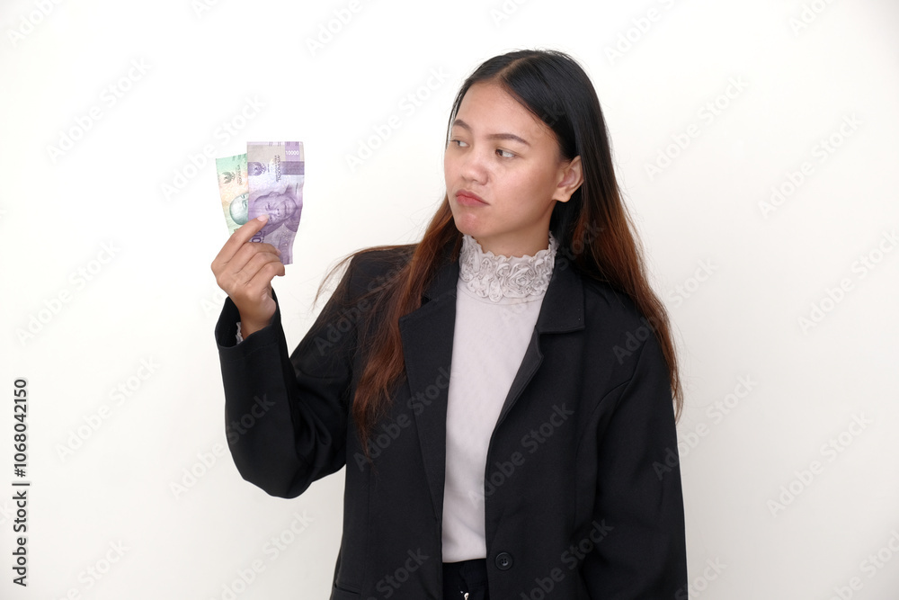 Indonesian businesswoman holding some small cash Rupiah money with unhappy looking facial expression Indonesian businesswoman holding some small cash Rupiah money with unhappy looking facial expression