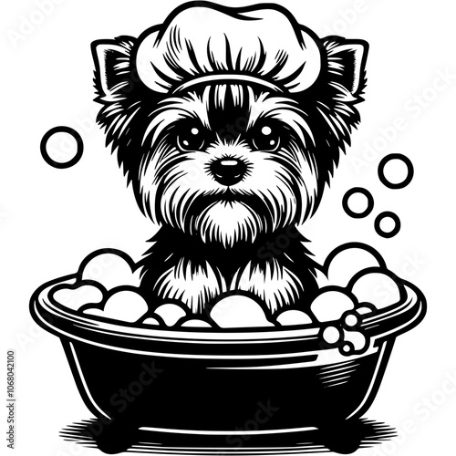 Yorkshire Terrier pet sitting in bubble bath with bathing cap on head in monochrome. Simple minimalistic vector in black ink drawing on transparent background