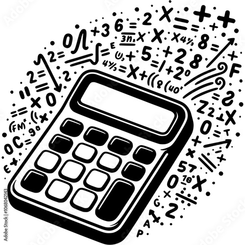 Push button calculator exploded with mathematical formulas in monochrome. Simple minimalistic vector in black ink drawing on transparent background