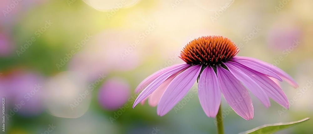 Obraz premium A vibrant purple coneflower in sharp focus, displaying bright pink petals and an orange center, standing out against a softly blurred green background, capturing the beauty of nature. 
