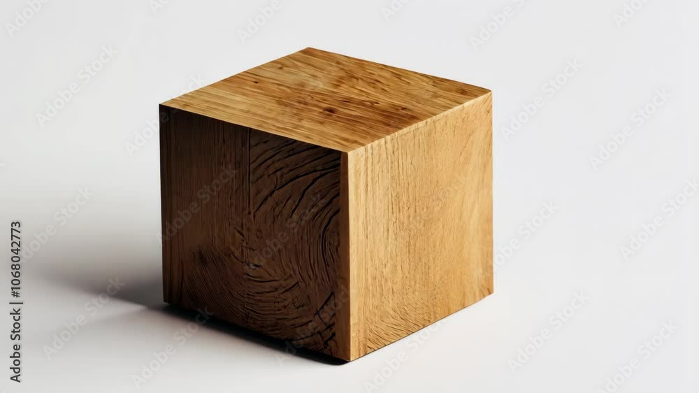 A wooden cube sits on a white surface, casting a faint shadow A wooden cube sits on a white surface, casting a faint shadow
