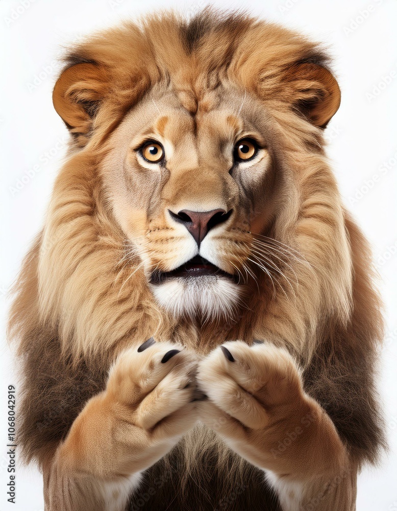 Surprised shocked lionshow hands for give up isolated on white background Surprised shocked lionshow hands for give up isolated on white background