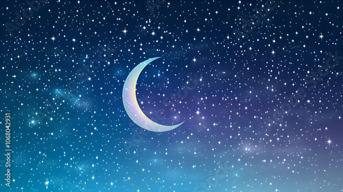 A crescent moon glows in a night sky full of twinkling stars.