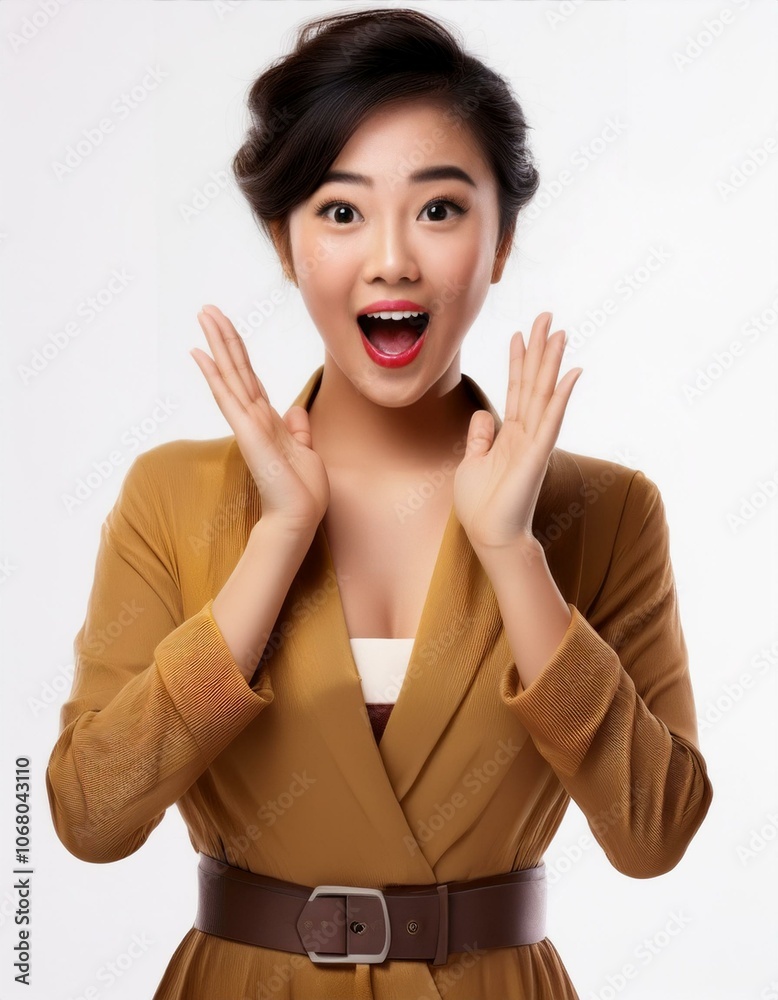 Surprised shocked promotion cheerful beauty woman standing show hands for give up Surprised shocked promotion cheerful beauty woman standing show hands for give up