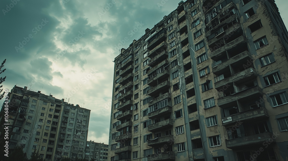 Naklejka premium Weathered high-rise apartments under cloudy sky evoke a post-apocalyptic atmosphere of urban decay