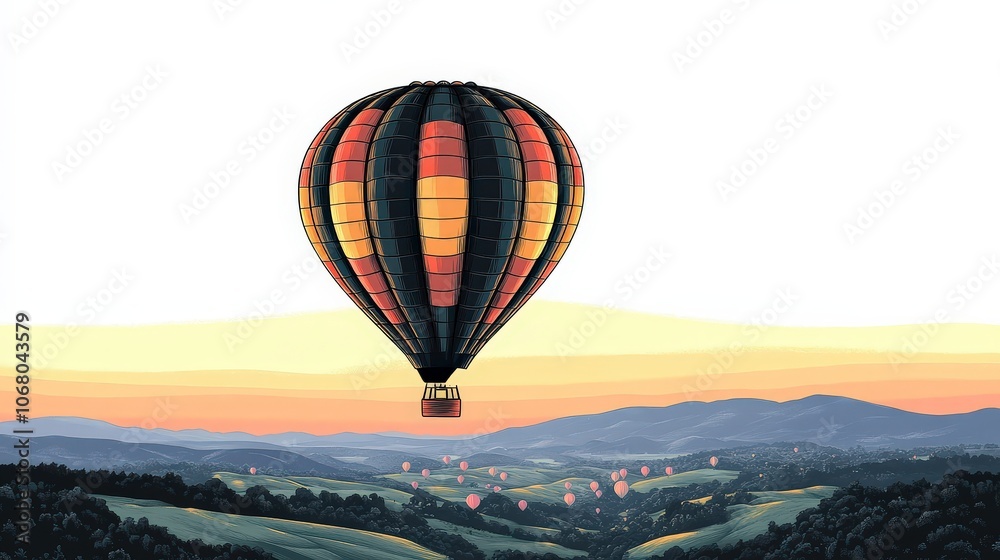 Colorful Hot Air Balloon Over Scenic Green Valleys Colorful Hot Air Balloon Over Scenic Green Valleys