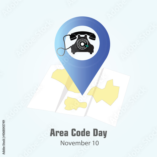 Area Code Day is celebrated on November 10. Old Telephone, GPS location pin on 3d map vector, illustration.