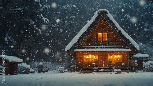 Snowy Traditional Japanese House in Winter Scene