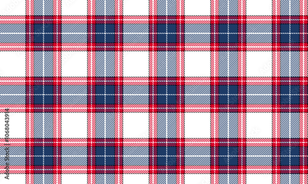 Plaid fabric pattern, white, blue, red, seamless for textiles, and for designing clothes, skirts or decorative fabrics. Vector illustration. Plaid fabric pattern, white, blue, red, seamless for textiles, and for designing clothes, skirts or decorative fabrics. Vector illustration.