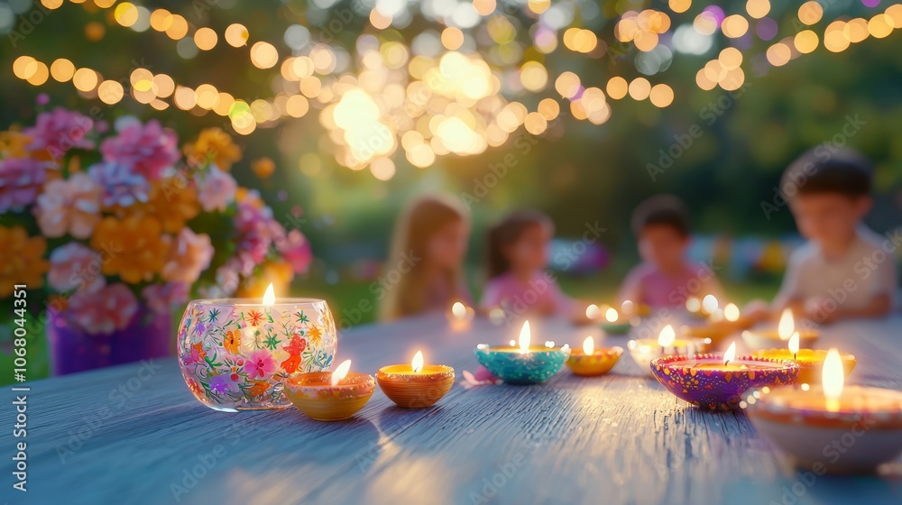 A vibrant outdoor gathering featuring lit candles and flowers, creating a festive atmosphere with warm lights in the background. A vibrant outdoor gathering featuring lit candles and flowers, creating a festive atmosphere with warm lights in the background.