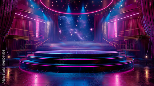  Elegant theater stage with neon lights and cosmic background for a performance. Copy space. Generative AI	