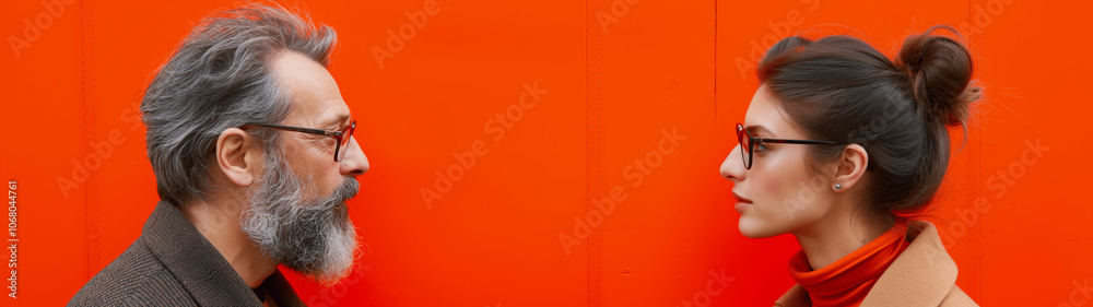 Profile view of man and woman facing each other against vibrant orange background. Copy space. Generative AI Profile view of man and woman facing each other against vibrant orange background. Copy space. Generative AI