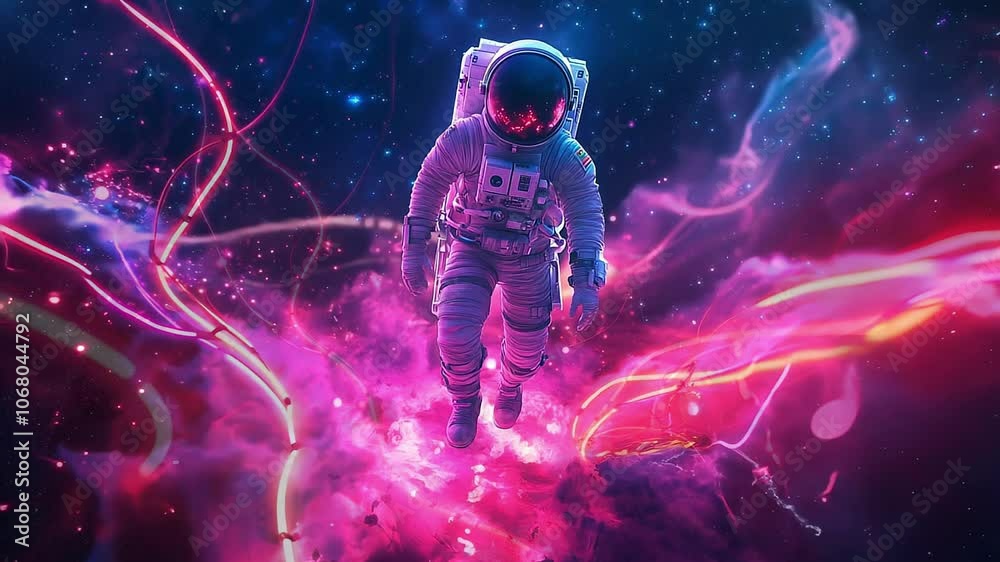 Astronaut Floating in Vibrant Neon Space Seamless Loop Background