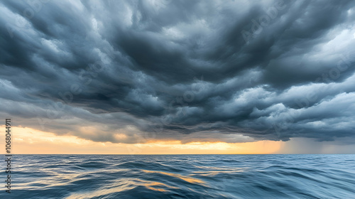 Dramatic storm clouds over a calm ocean at sunset. photo