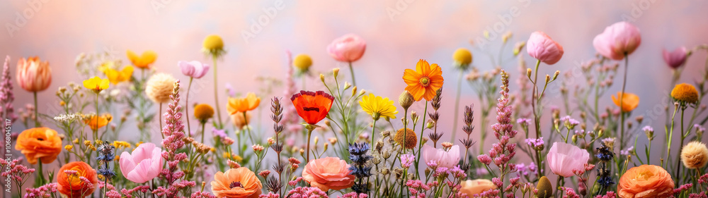 Obraz premium Colorful wildflower field in soft pink and orange sunset light
